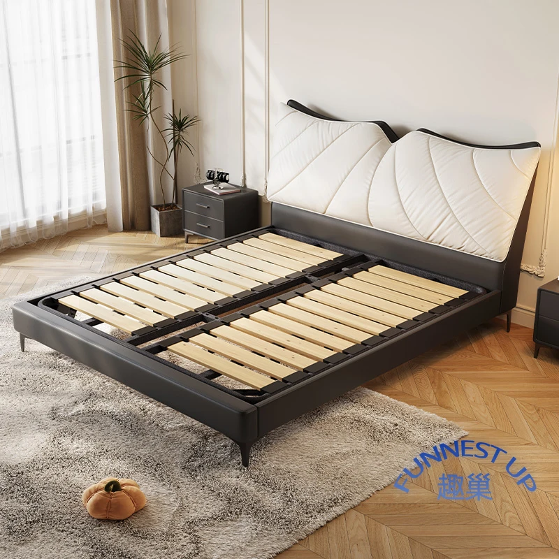 Italian minimalist luxury leather bed frame headboard cowhide bed room set storage puff soft bag leather bed frame king