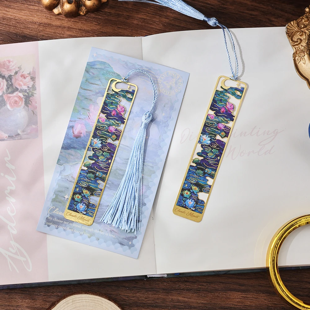 IMODA Stationery 1pc Water Lily Bookmark Hollow Painting Metal Book Mark With Tassel Gifts For Book Lovers Readers Writers