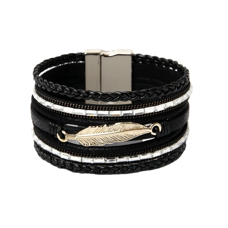 Fashion Bohemian Multi-layer Hand-woven wide-brimmed bracelet with Feather Charms