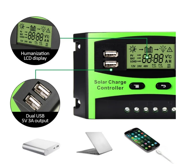 Smart Solar Panel Controller Regulator 24V 12V DC Output Bulb 10A 30A 50A 60A 20A Manual PWM Solar Charger Controllers