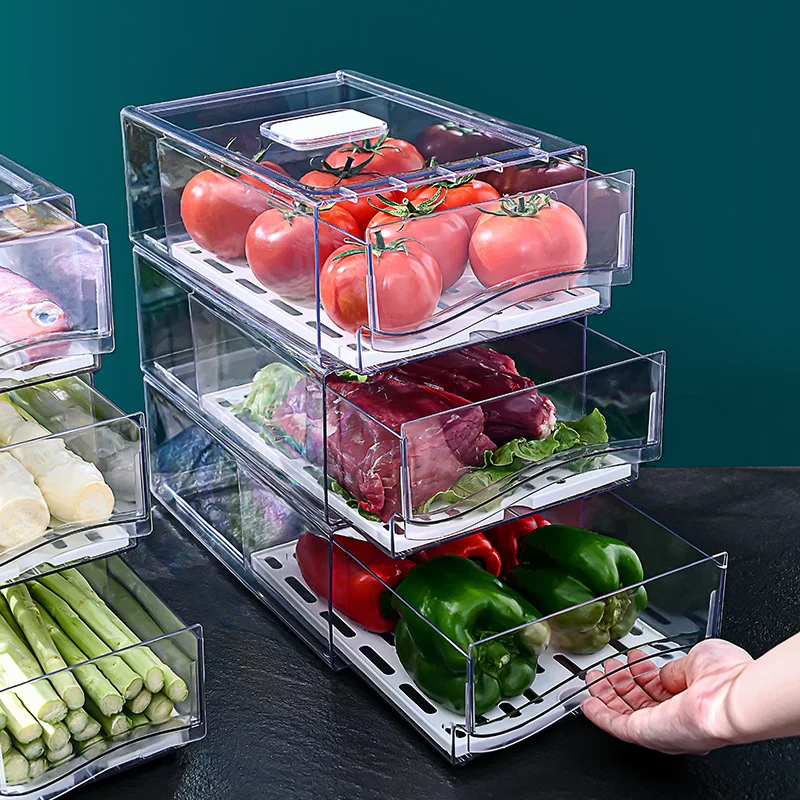 Large Food Storage Containers Stackable Fridge Produce Saver Bin With Lid Removable Drain Tray Acrylic Drawer Storage Organizer