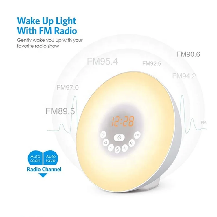 Wake Up Light Sunrise Alarm Clock with FM Radio Night Light Sunrise Sunset Bedroom LED Digital Alarm Clock