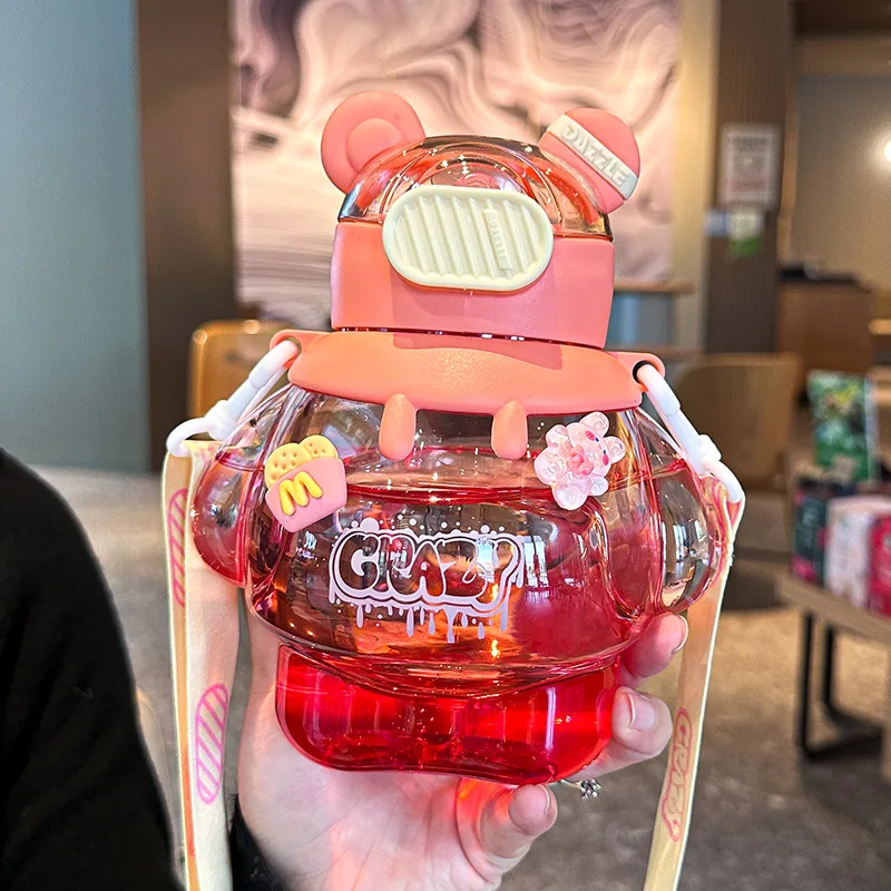 Md50 Outdoor Large Capacity Portable Big Belly Kettle Lightning Bear Cartoon Plastic Straw Cup  Leak Proof Plastic Water Bottle
