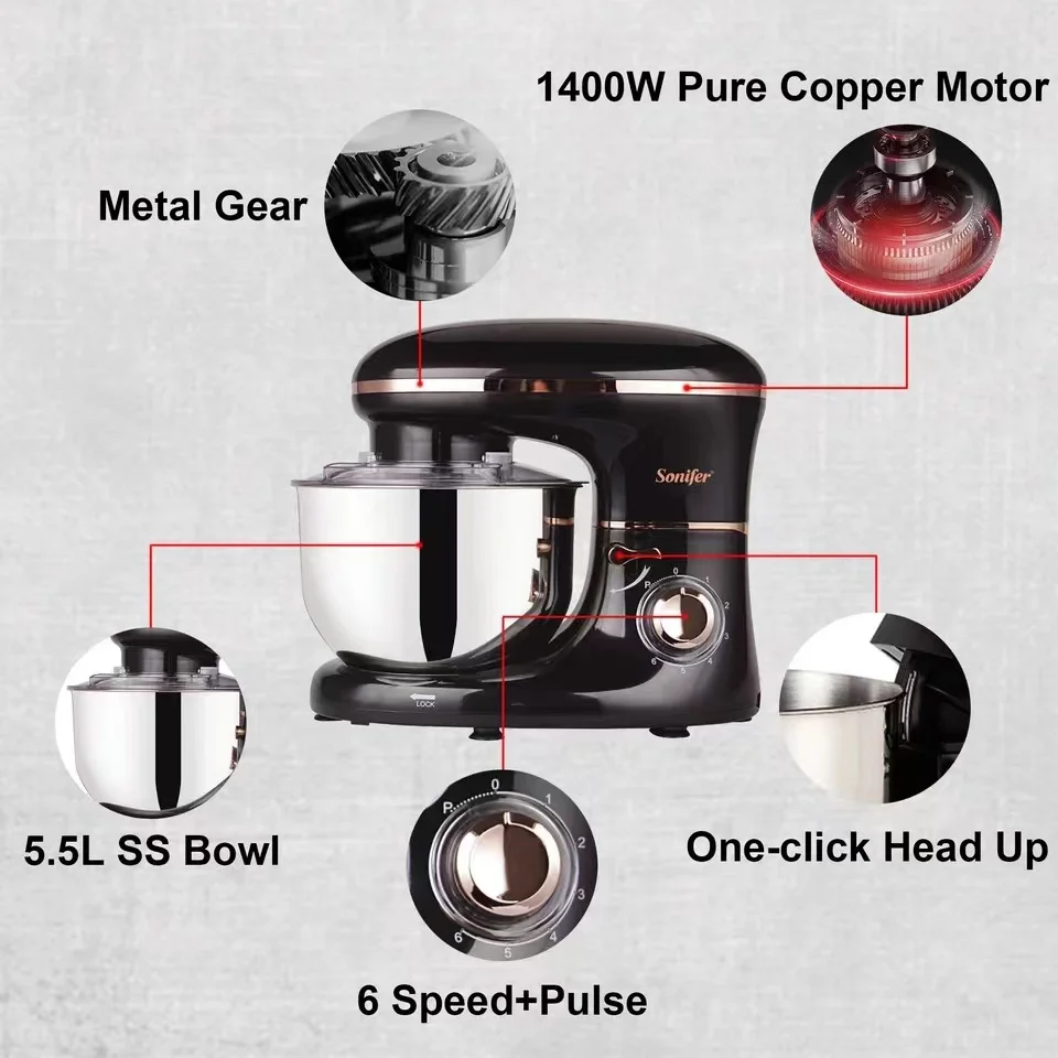 Sonifer SF-8064 home appliances 1400W copper motor multifunction 6 speed die cast dough beater whisk electric stand food mixers