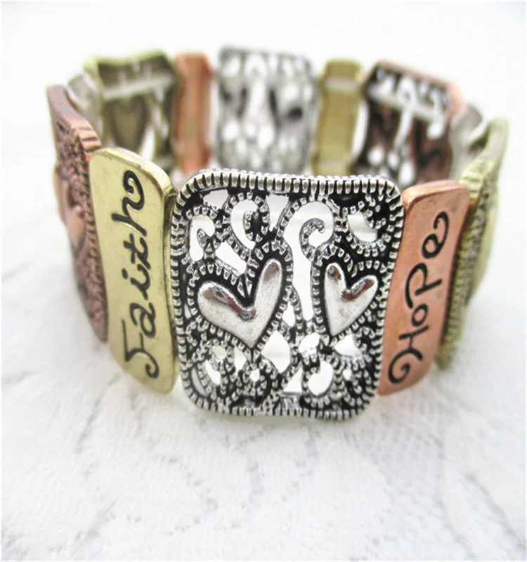 filigree texture mixed plating words of hope,faith,love engraved bracelet