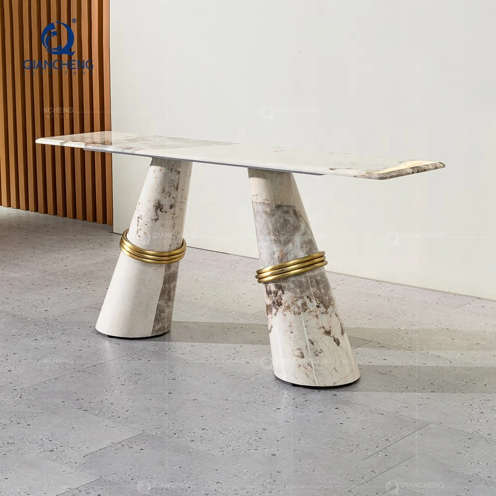 QIANCHENG foshan factory hallway decor living room real marble stone french country living room mirrored console table
