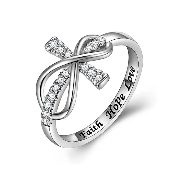 Inspirational jewelry faith love hope engrave 925 sterling silver infinity cross ring wholesale