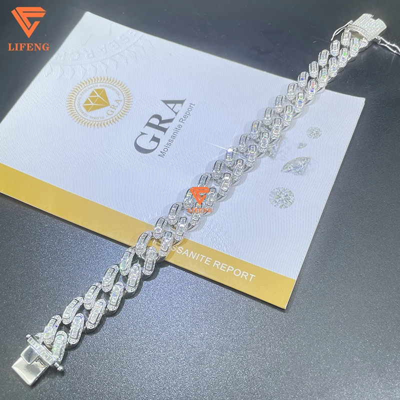Lifeng Jewelry 14mm VVS Moissanite Baguette Cuban Link bracelet Ice out Hiphop S925 Sterling Diamond Bracelet