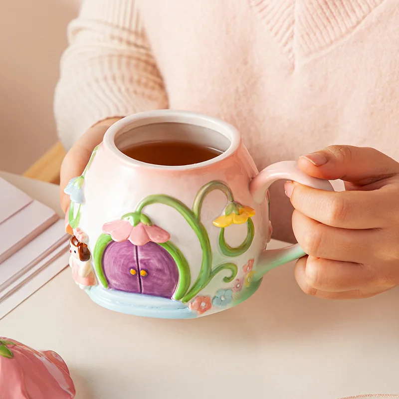 Pink Little Girl Heart Flower House Ceramic Water Cup High Beauty Birthday Gift