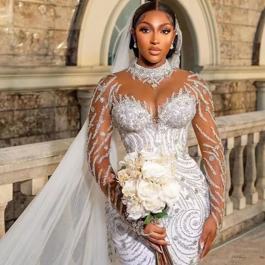 Long Tail Best Selling New Design Simple New Extra Long Slim Beaded Lace Bridal African Long Trailing Wedding Dress Simple New