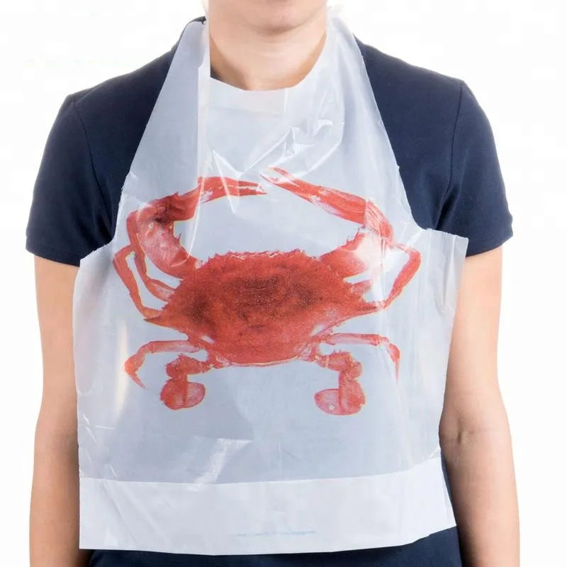 Factory Produce Lobster Crab Sea Food Custom Printed Dinning Apron Disposable Plastic Restaurant Bib