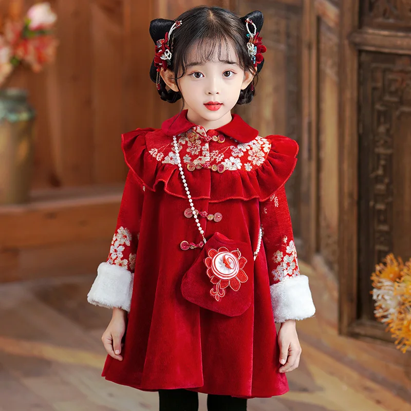 Red girls hanfu winter midi dress chinese style turn down collar princess dress