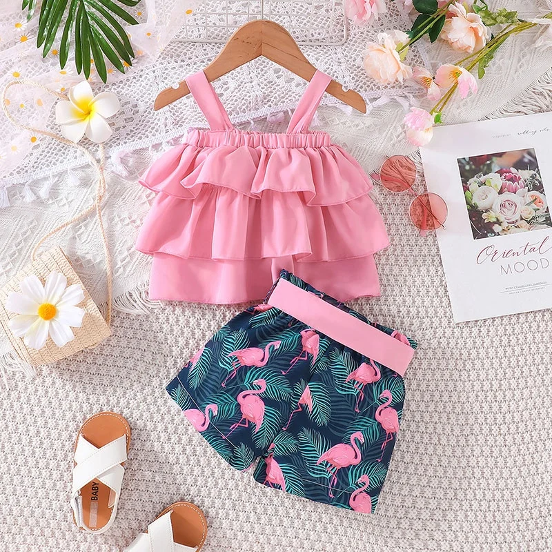 2Pcs Set 6 - 3 Years Newborn Baby Girl Fashion Cotton Sleeveless Croptop and Cartoon Flamingo Shorts Summer