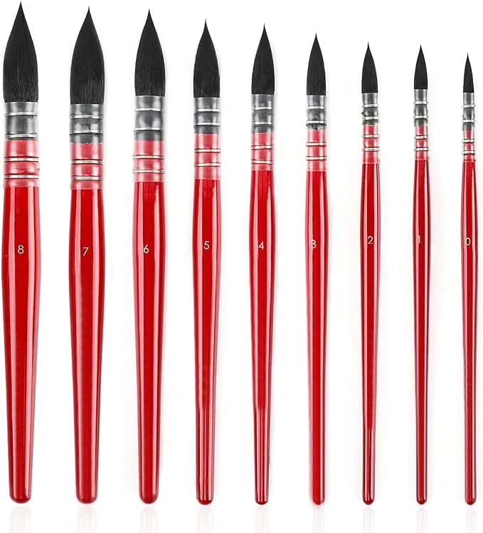 paint brush set 9 pcs red wooden handle Mop Round Squirrel Hair watercolor Paint Brush Set for Art Painting,