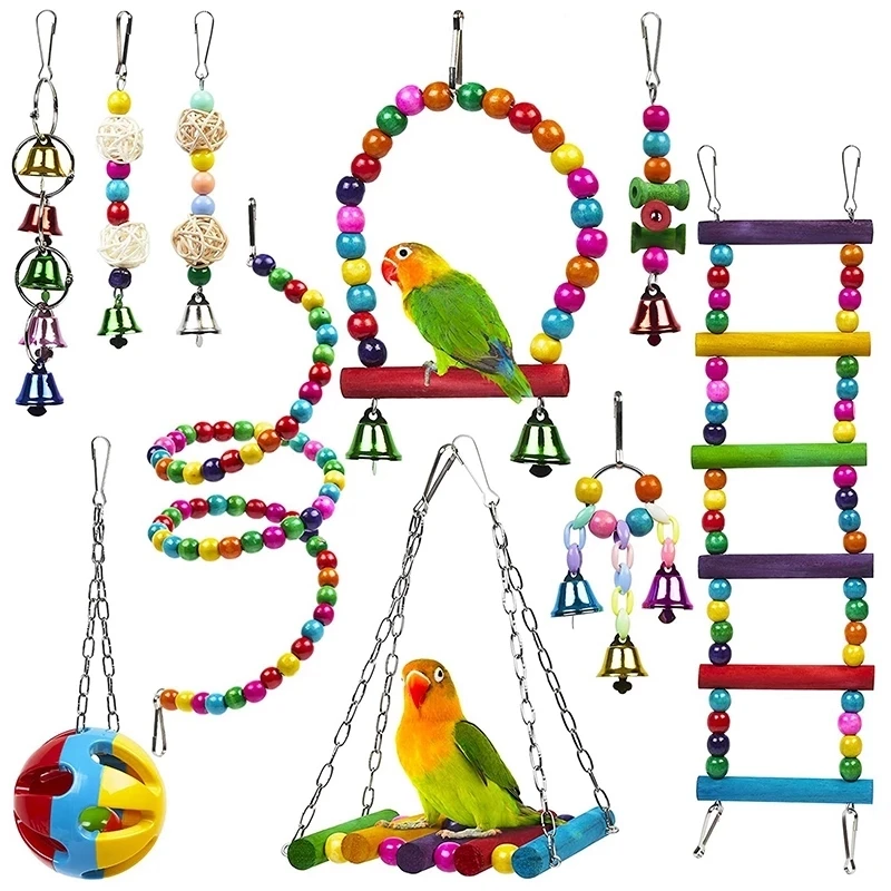 
10 Pack Bird Cage Toys for Parrots Reliable & Chewable Swing Hanging Chew Bite Bridge Wooden Beads Ball Bell Toys Bird Toys Set 