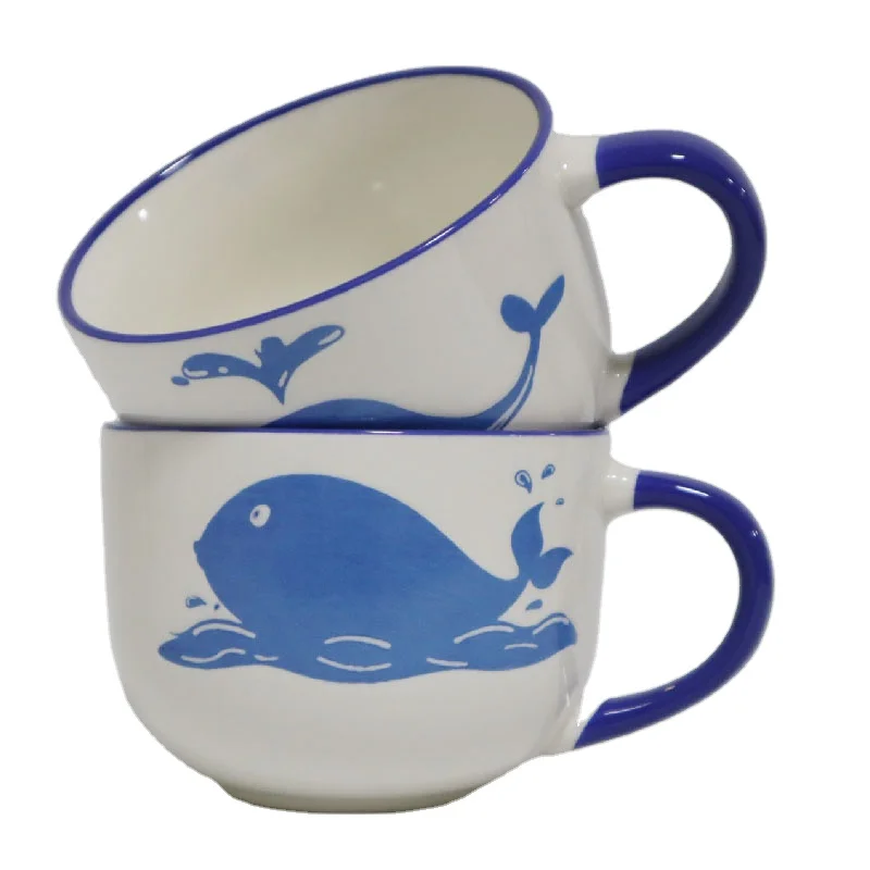 
Custom Ceramic Mug Soup Mug with Inner Color Glazed for Wholesale Printed Pattern and Blue Rim with Handle 