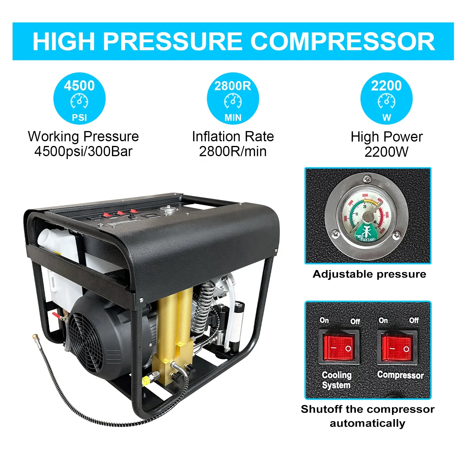 GP High Pressure 300bar Auto Purge 4500psi Diving Inflatable Bottle PCP Air Compressor