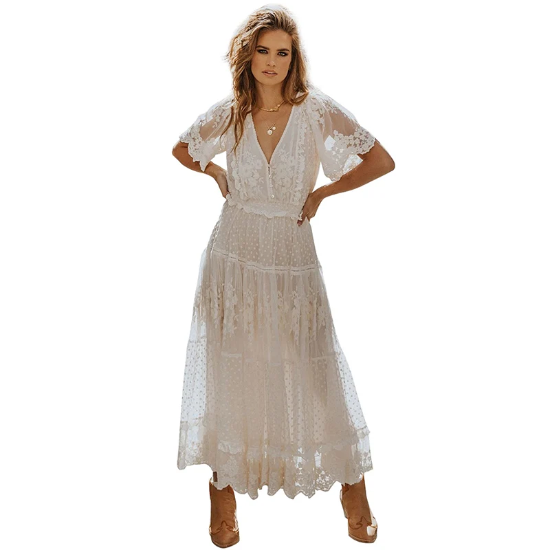 
Party Wear Women Dress White Patchwork Short Sleeve V-Neck Lace Summer Party Dresses For Woman Summer 