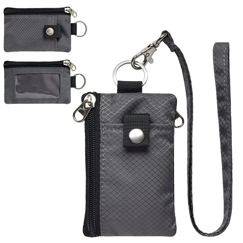 Minimalist RFID Blocking Small Wallet with ID Window Waterproof Zip ID Case Wallet with Lanyard Keychain for Travel