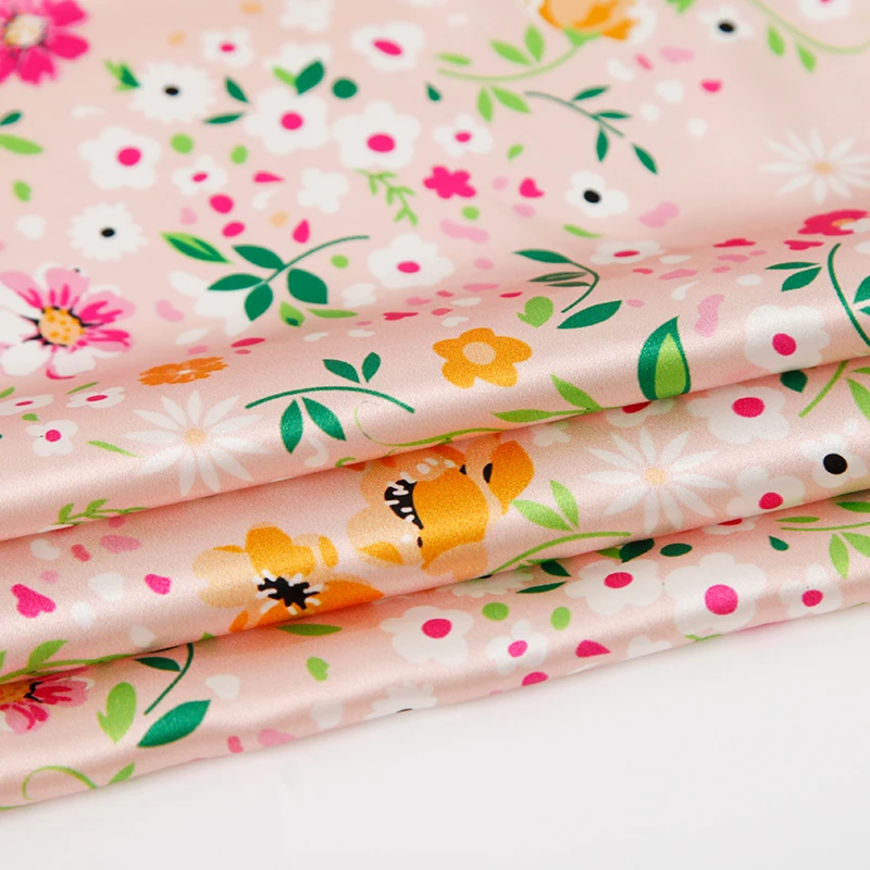 Wholesale 18%silk 82%viscose satin pink floral printed fabric bright color for girl dress