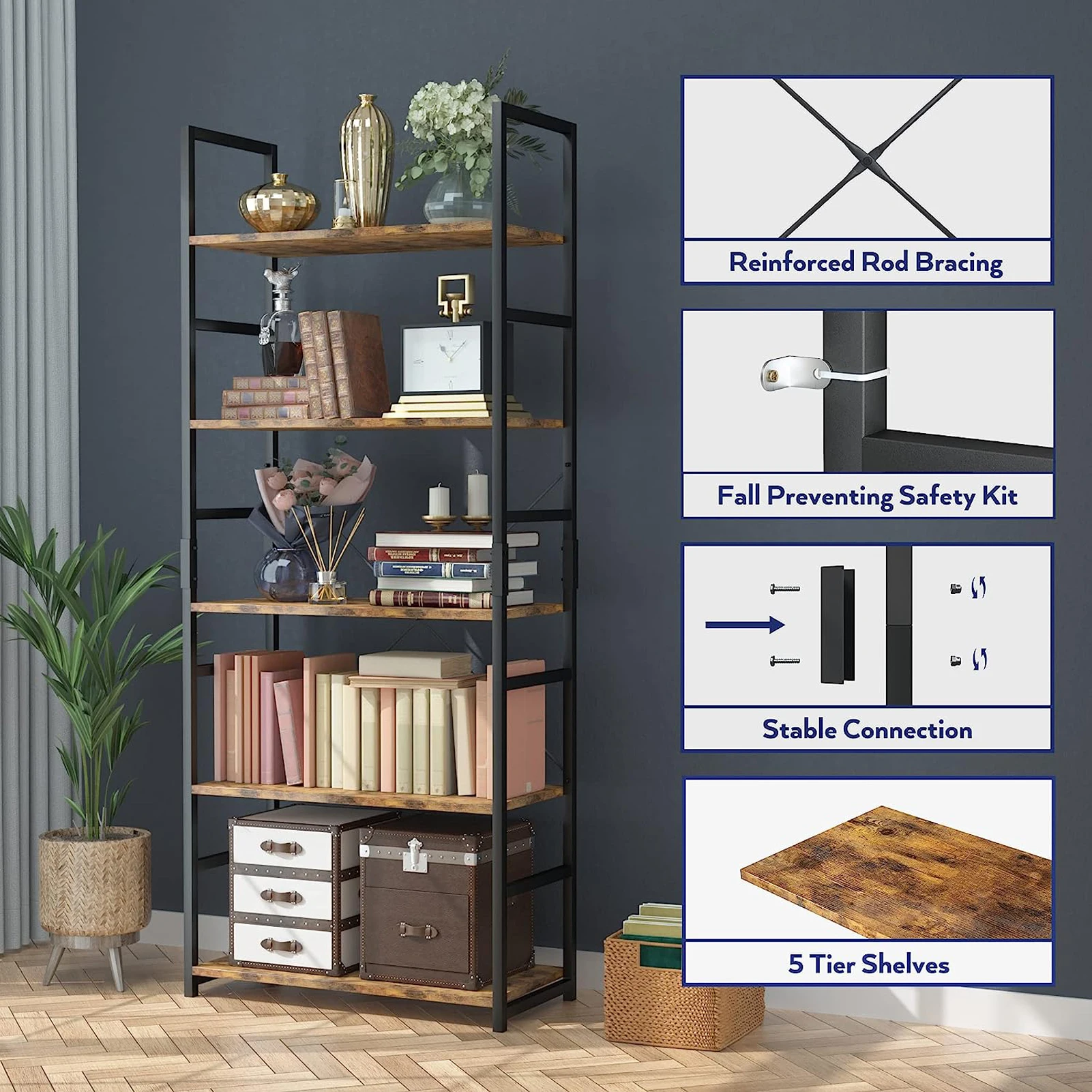 5 Tier Bookshelf Tall Bookcase Shelf Storage Organizer Modern Book Shelf for Bedroom Living Room and Home Office