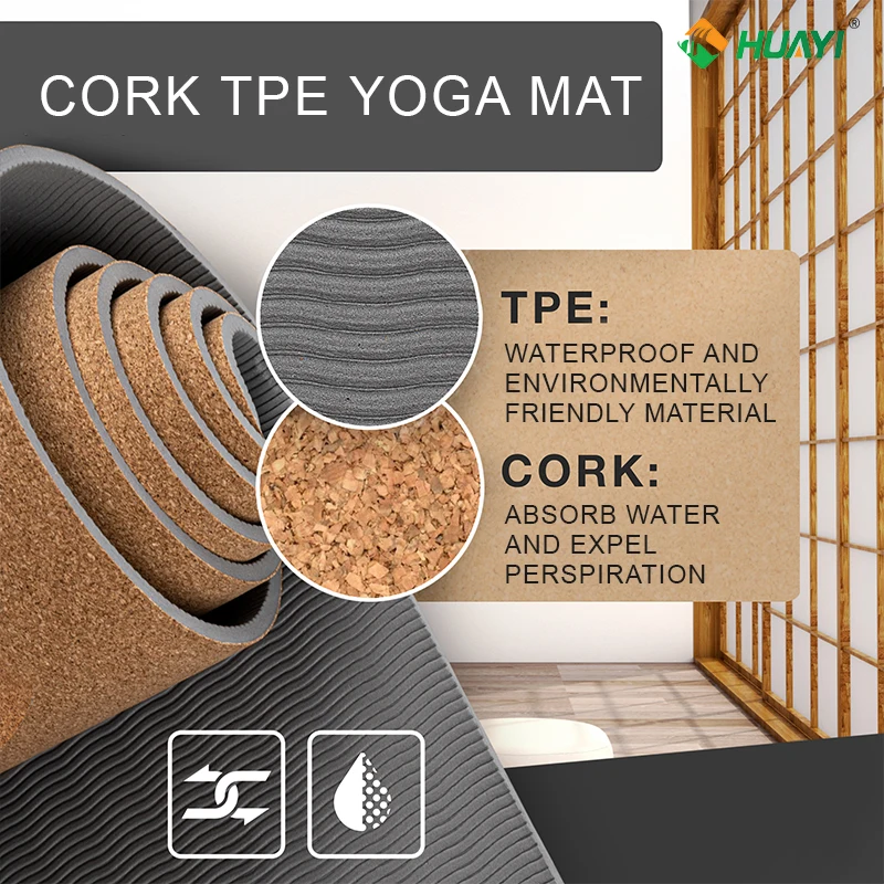 Huayi  Non Slip Cork Yoga Mat Custom Organic Eco Friendly Thick Yoga Matte Tpe Natura Cork Rubber Yoga Mat