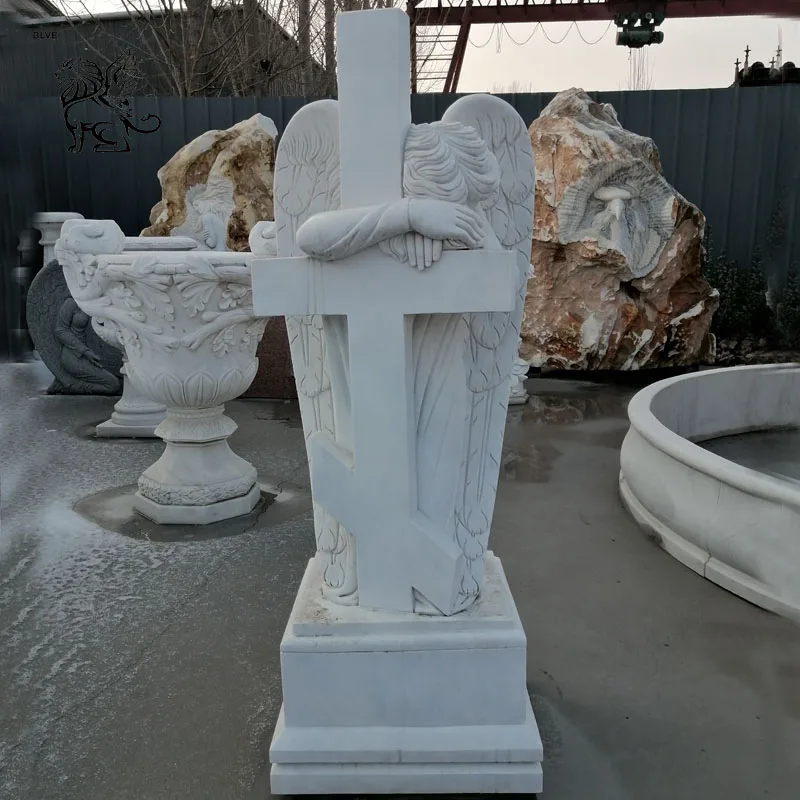 Hand Carving Natural Stone Cross Tombstone Classic Pure White Marble Crying Angel Statue Headstone For Sale