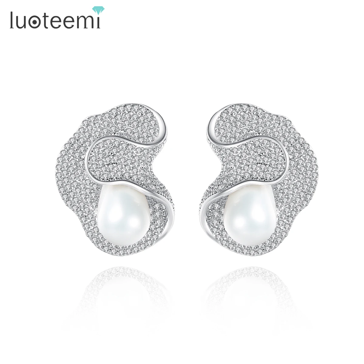 LUOTEEMI Super Luxury Tiny Cubic Zirconia Big Synthetic Pearl Unique Irregular Stud Earrings For Women