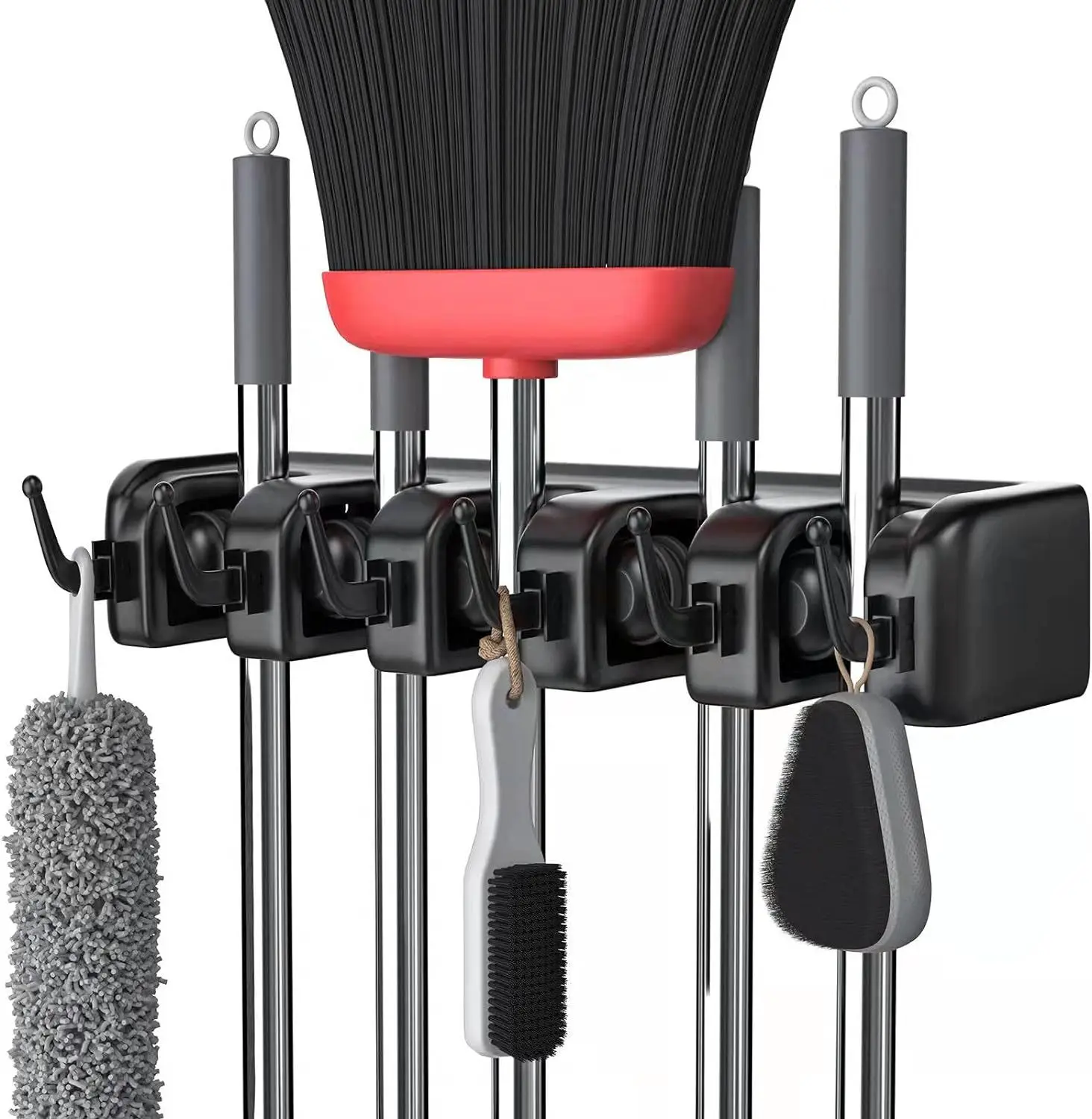 Broom Holder Garden Tool Organizer with Hooks and Slots Laundry Room Kitchen Shed Garage Storage Rack Rake Shovel Mop Hanger
