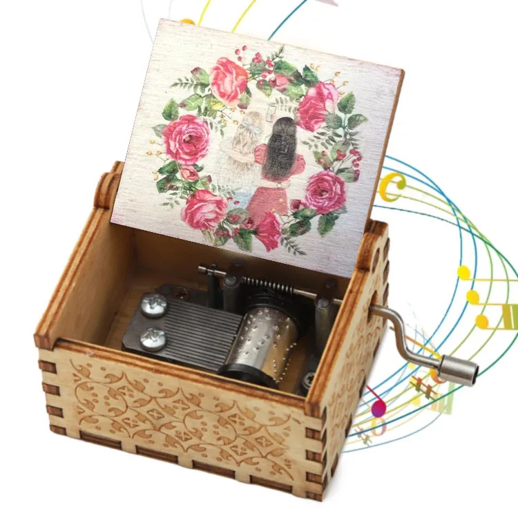 93 designs  Family Gift Boxing  Music Hand Crank Wood Laser Engraved Custom Music Box to Mom Dad Sister Lover