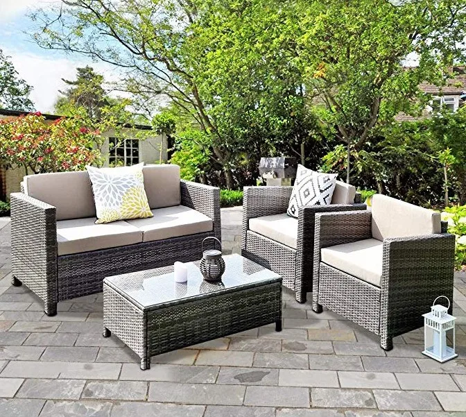 New design garden set high quality patio rattan sofa PE rattan sofa set natural color wicker garden sofa set