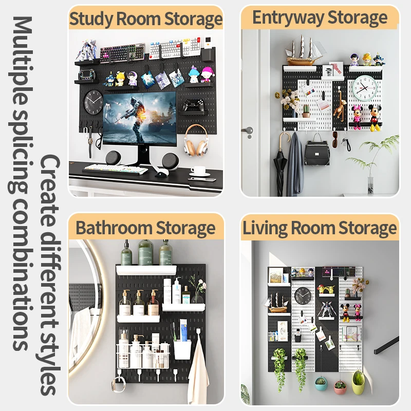 High Quality Home Wall Hanger Hole Board Organizer Rack Plastic Tray Box Hooks Self Adhesive Kitchen Wall Mounted Shelf Rack Set