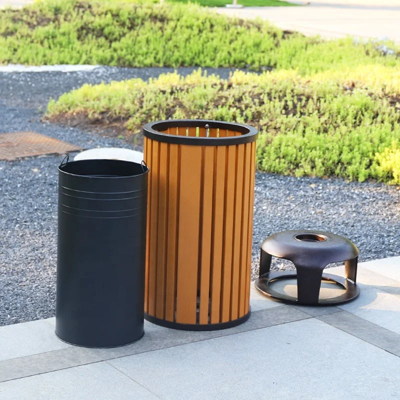 Factory Garbage Bin with Lid Metal Rubbish Can Aluminum Public Trash Can with PS wood Eco Waste Storage