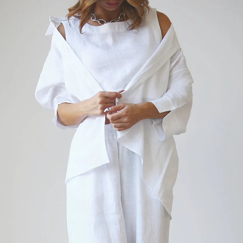 NR403 wholesale ladies women 100% cotton clothing top and pant 3 piece loungewear set linen lounge wear