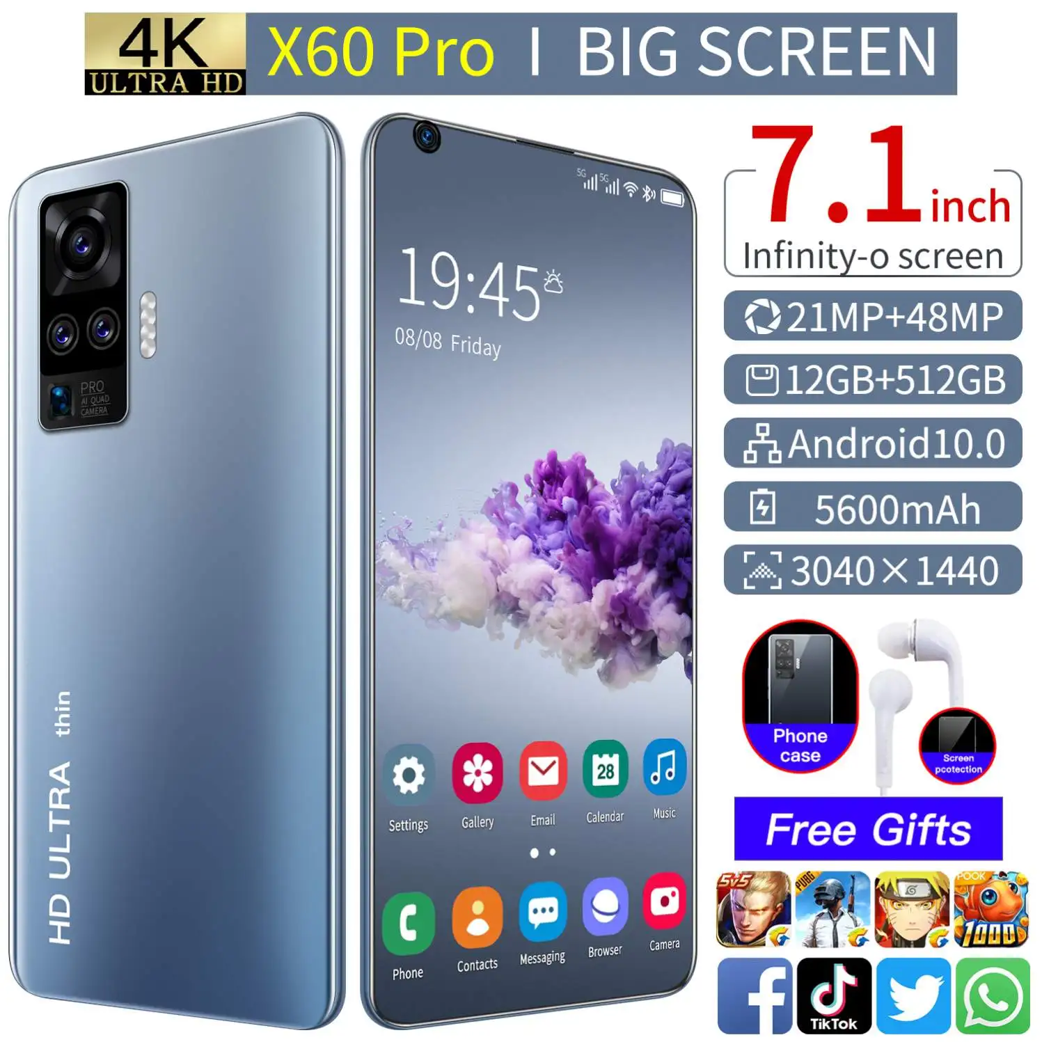 X60 Pro 7 2 дюймов 3840x2160 MTK6799 10-ядерный Android10.0 смартфонов 12GB + 512GB 5G мобильные телефоны 5600 мАч Power Bank мобильный