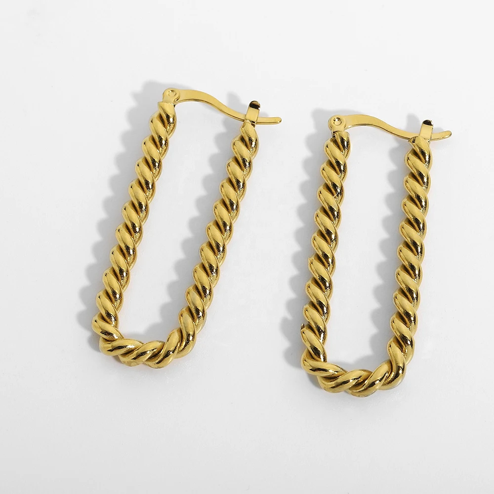 Gorgeous Rectangular Hoops With Twisted Details 18k Gold Plated 316l Stainless Steel Hoop Earrings