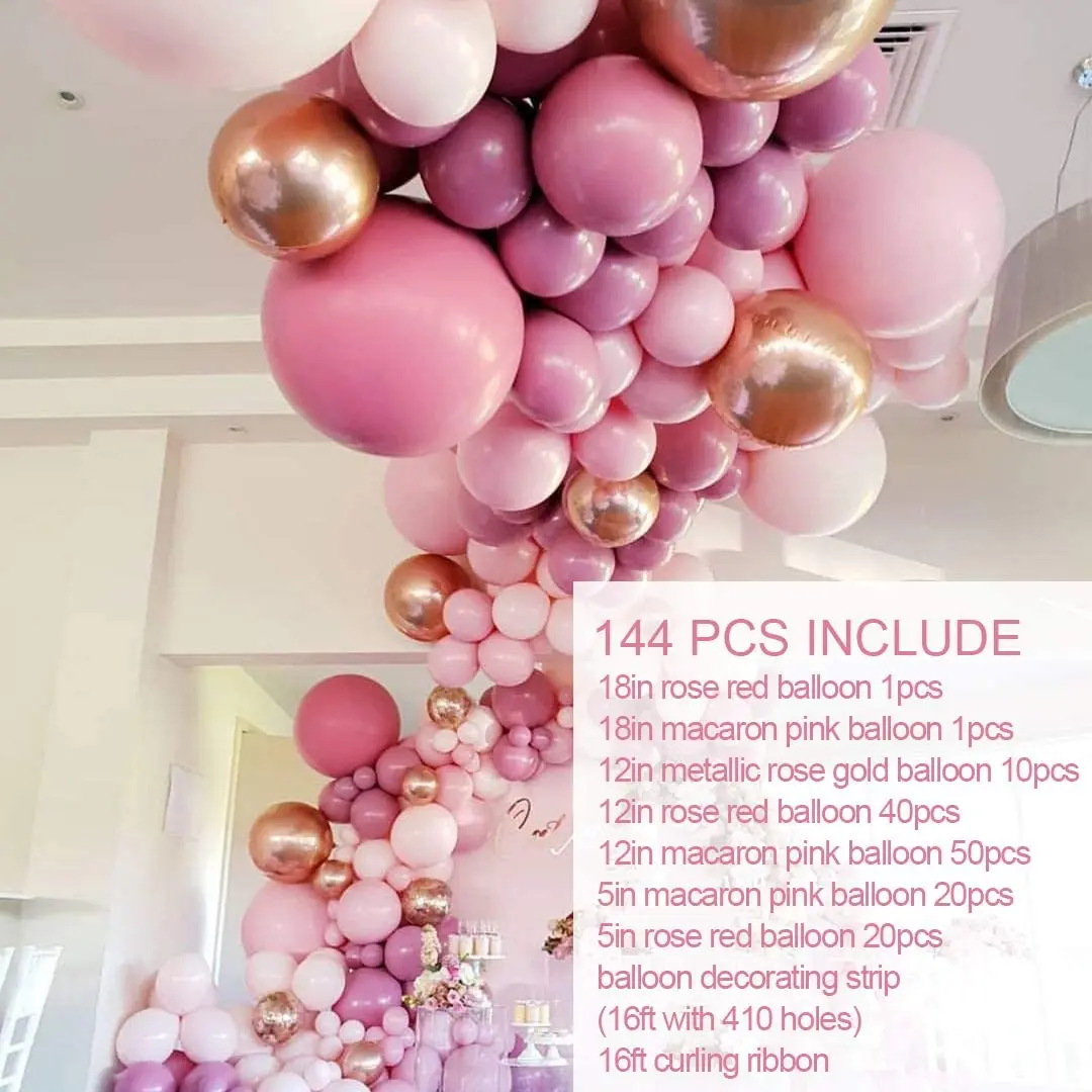 Rose Red Balloon Macaron Pink Balloon 144Pcs for Gender Reveal,Baby Shower