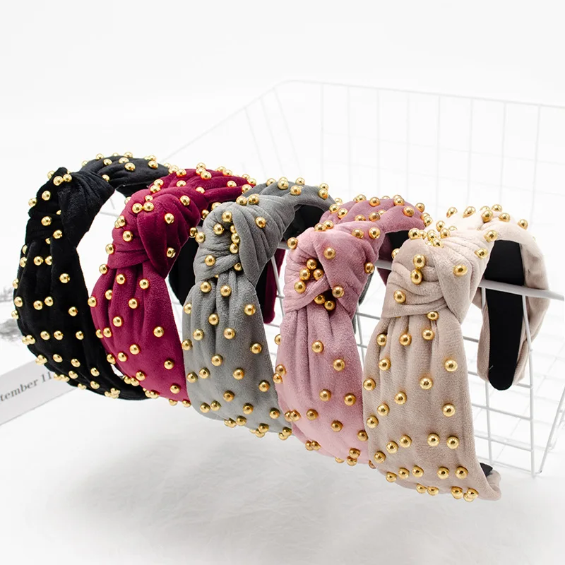 
Aureate pearl hair hoop female wide edge solid color cloth art middle knot headband temperament headdress 