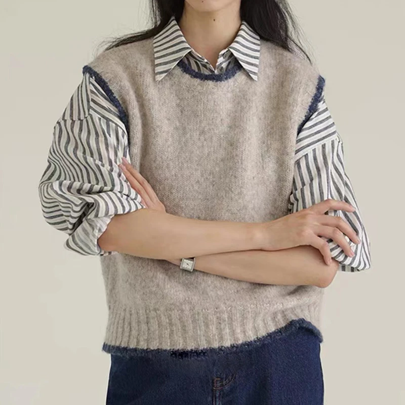 Early autumn and winter newest alpaca wool college wind vest round neck vest top for women