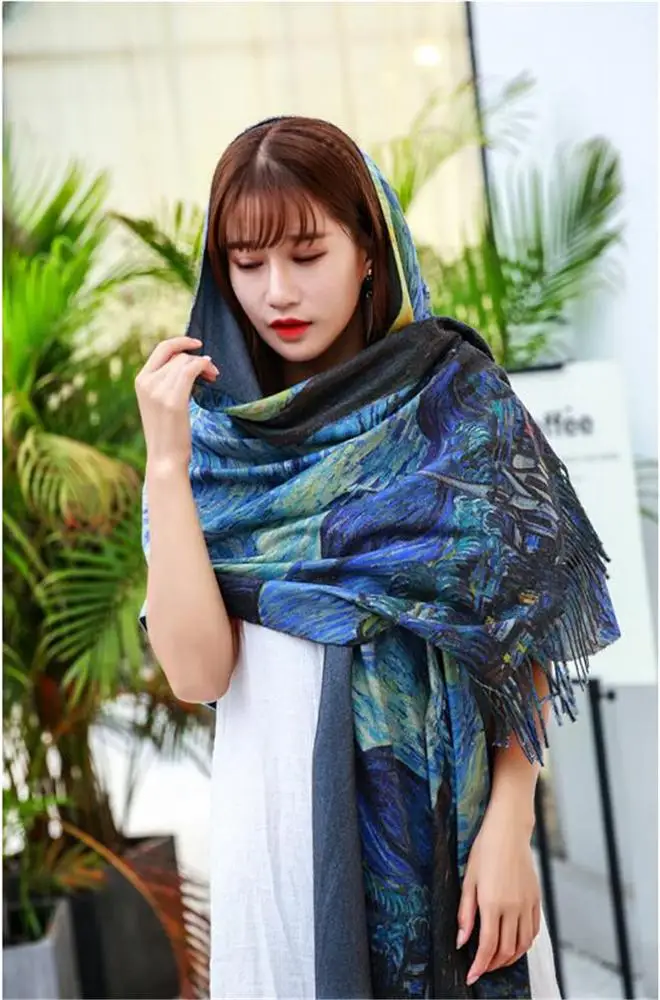 Zipeiwin wholesale price starry night design oil painting 100% polyester cashmere scarf with good price