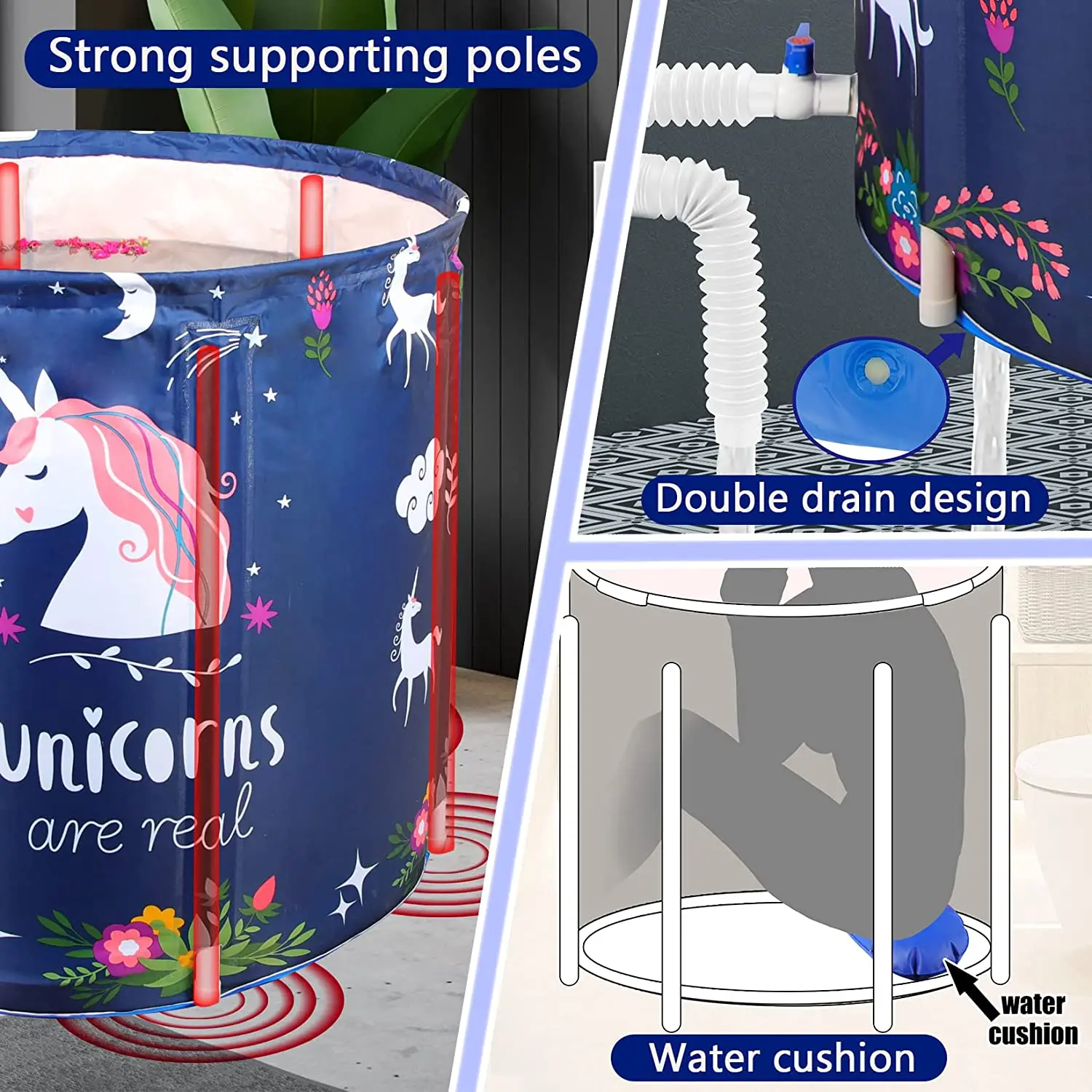 Portable Foldable Bathtub Free Standing Soaking Bath Tub for Shower Stall Folding Bathroom Spa Tub with Pillow