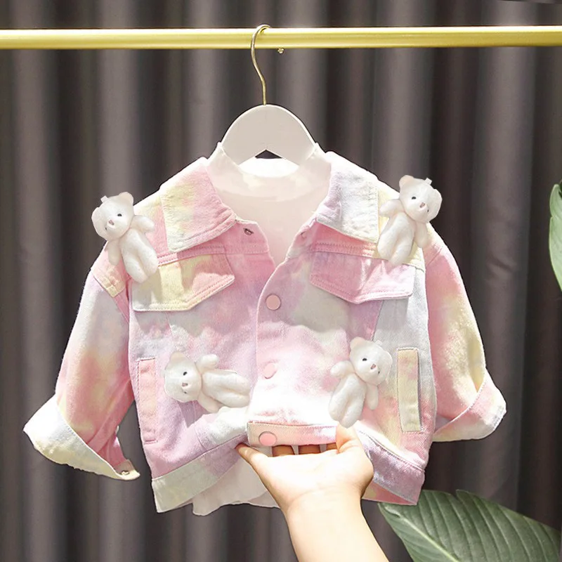 Ivy83629A 1-7Y Girls Baby Cute Little Bear Tops 2023 Kids Spring Autumn New Fashion Fancy Jackets Girls Tie Dye Denim Coat