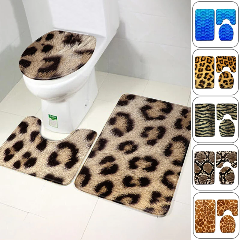 3pcs Animal Tiger Leopard Pattern Toilet Seat Cover Rugs Bathroom Non-slip Bath Mats Fashion Zebra Printing Flannel Carpet