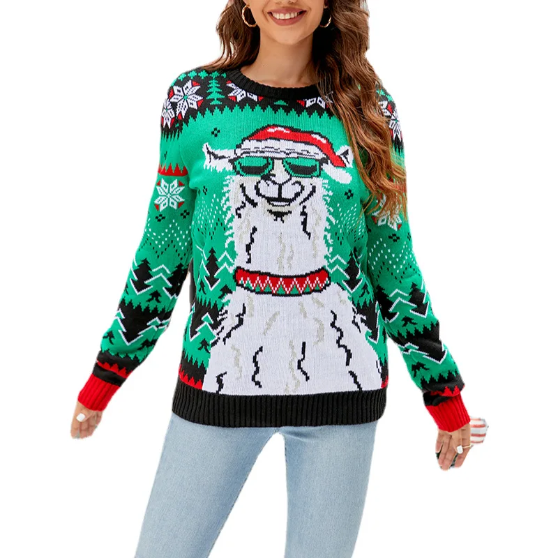 European American Autumn Winter Alpaca Jacquard Crewneck Pullover Knitted Sweater for Women Top Logo Front New Christmas Design