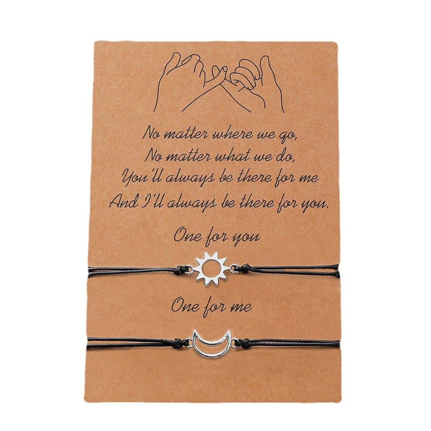 Adjustable Cotton Cord Moon Sun Heart Charm Couple Bracelets Sets Custom Card Pack Metal Charm Wish Bracelets Friendship Gifts