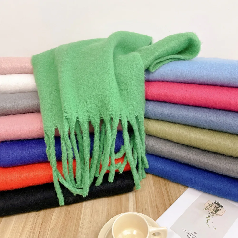 Winter Warm Woven Scarf  Long Solid Color Women  Thick Unisex Mohair Fabric Cashmere Warm Scarf With Tassel