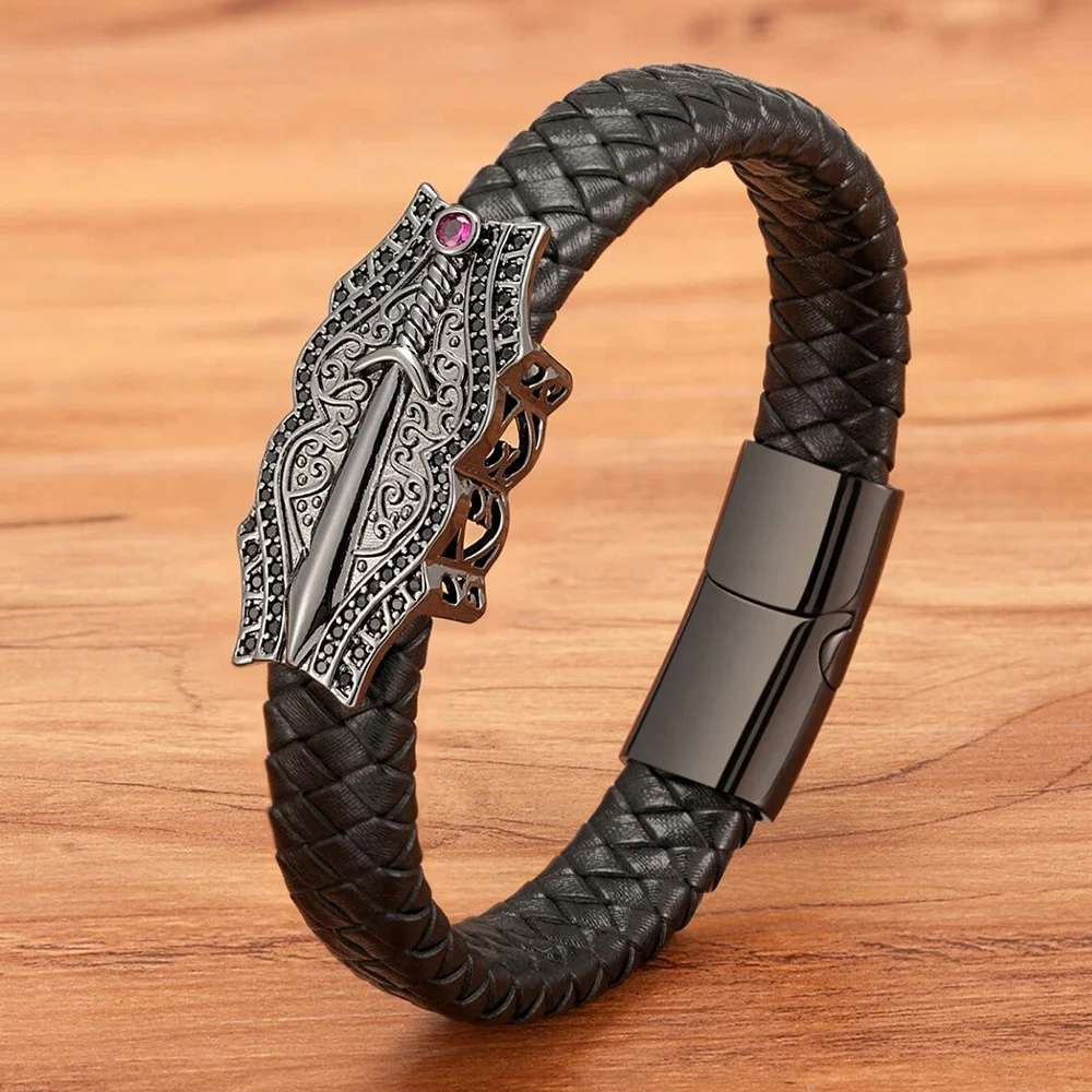 Neo-gothic Sword Big Accessory Combination Stainless Steel Leather Mens Bracelet Custom Size Multi-color Choice Fashion Gift
