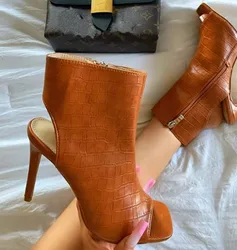2022 Wholesale Faux Croc PU Leather Inward Zipper  Opened Square Toe Peep Toe High Heel Boots for Women Lady