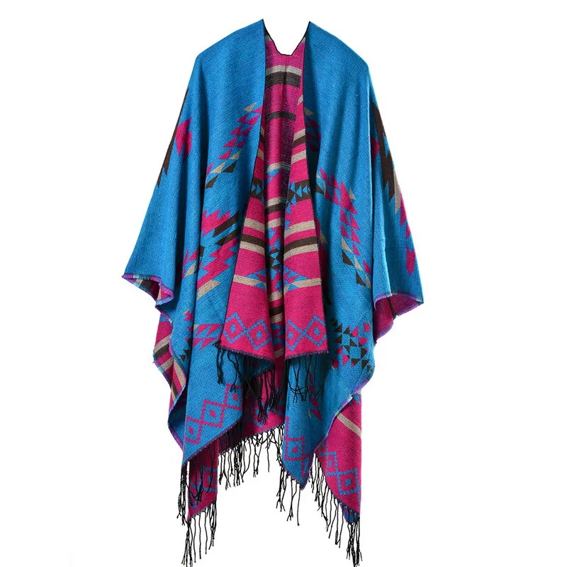BESTELLA Brand Wholesale Cozy Wool Felling Acrylic Geometric Jacquard Winter Poncho Shawl Cardigan Scarf Classic Style for Women