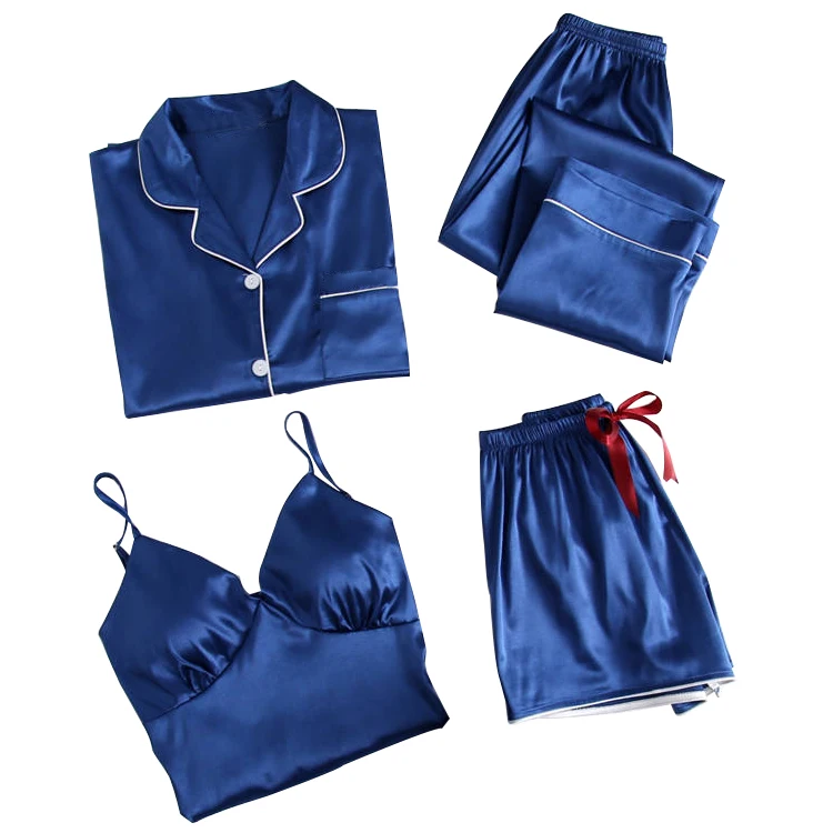 Wholesale Long Sleeve Silk 4 Piece Satin Sleepwear Pajamas Sets For Women